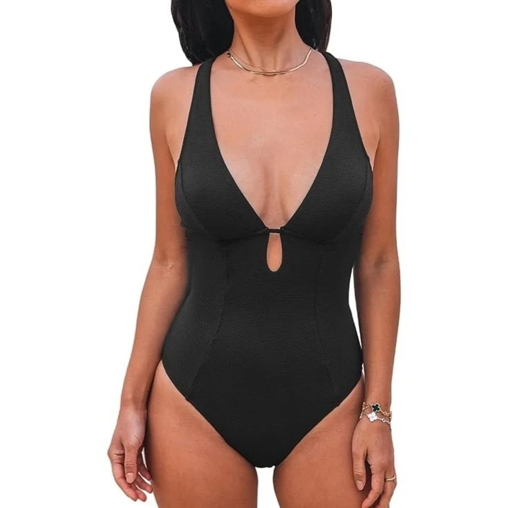 Cupshe‎ Womens Black Textured Keyhole One Piece Swimsuit XL DAA12E4F003AA NWT